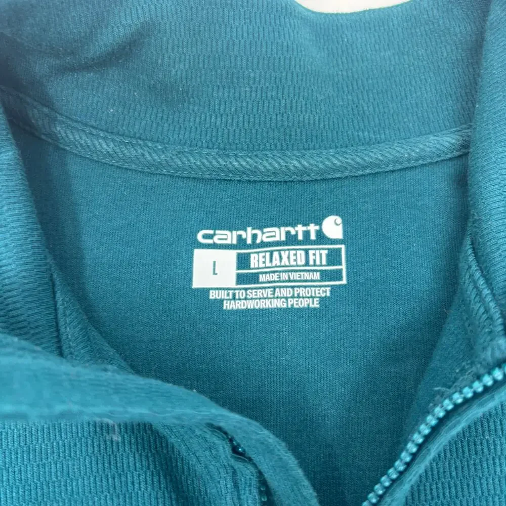 Carhartt Mens Large Green 1/4 Zip Relaxed Fit Long Sleeve Pullover Pouch Sweater